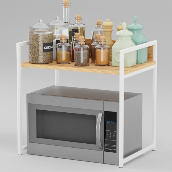 KRAYOG 1 Tier Multipurpose Storage Rack – Heavy Duty Metal & Wood Kitchen Organizer | Space-Saving Microwave Oven Stand for Modular Kitchen, Living Room, Bedroom & Office (MKR-001, White & Light Oak)