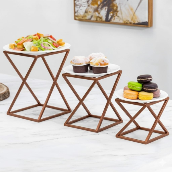 KRAYOG Geometric Metal Riser Rack Set of 3 | Multipurpose Display Stands for Cakes, Pizza & Cupcakes | Rust-Resistant Kitchen & Pantry Organizer (30 x 30 x 28 cm, Copper Finish)**
