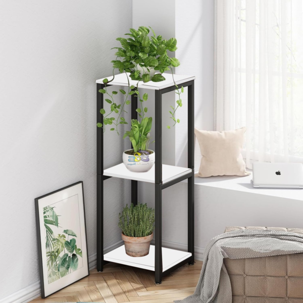 KRAYOG 3-Tier Metal Plant Stand for Indoor & Outdoor Use – Modern Corner Flower Pot Holder & Display Shelf for Living Room, Garden & Balcony (Black & White)