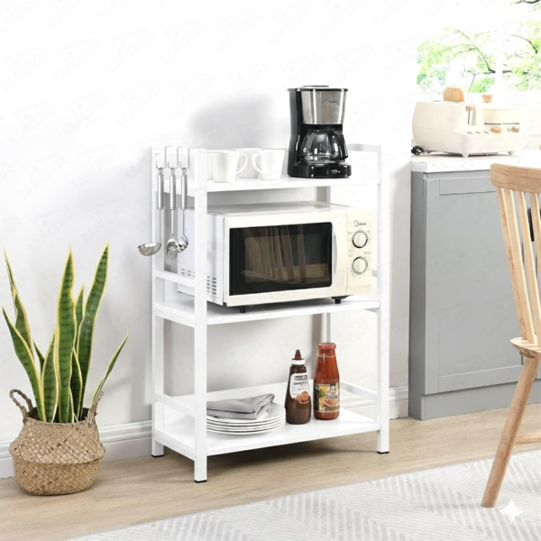 KRAYOG 3-Tier Multipurpose Storage Rack – Heavy Duty Metal & Wood Kitchen Organizer | Space-Saving Microwave Oven Stand for Modular Kitchen, Living Room, Bedroom & Office (MKR-003 / White & White)