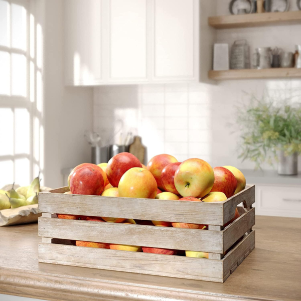 KRAYOG Rustic Brown Solid Wood Display Crates – Set of 3 Nesting Farmhouse Storage Boxes with Built-In Handles