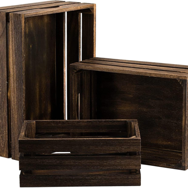 KRAYOG Set of 3 Walnut Finish Wooden Nesting Storage Crates with Handles – Handcrafted Solid Wood Farmhouse Decorative Storage Containers