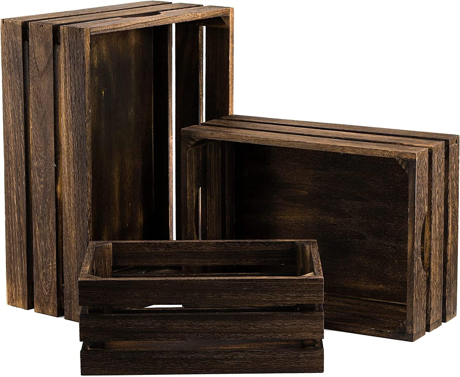 71P+jgWsD6L._SL1500_ KRAYOG Set of 3 Walnut Finish Wooden Nesting Storage Crates with Handles – Handcrafted Solid Wood Farmhouse Decorative Storage Containers - Image 1