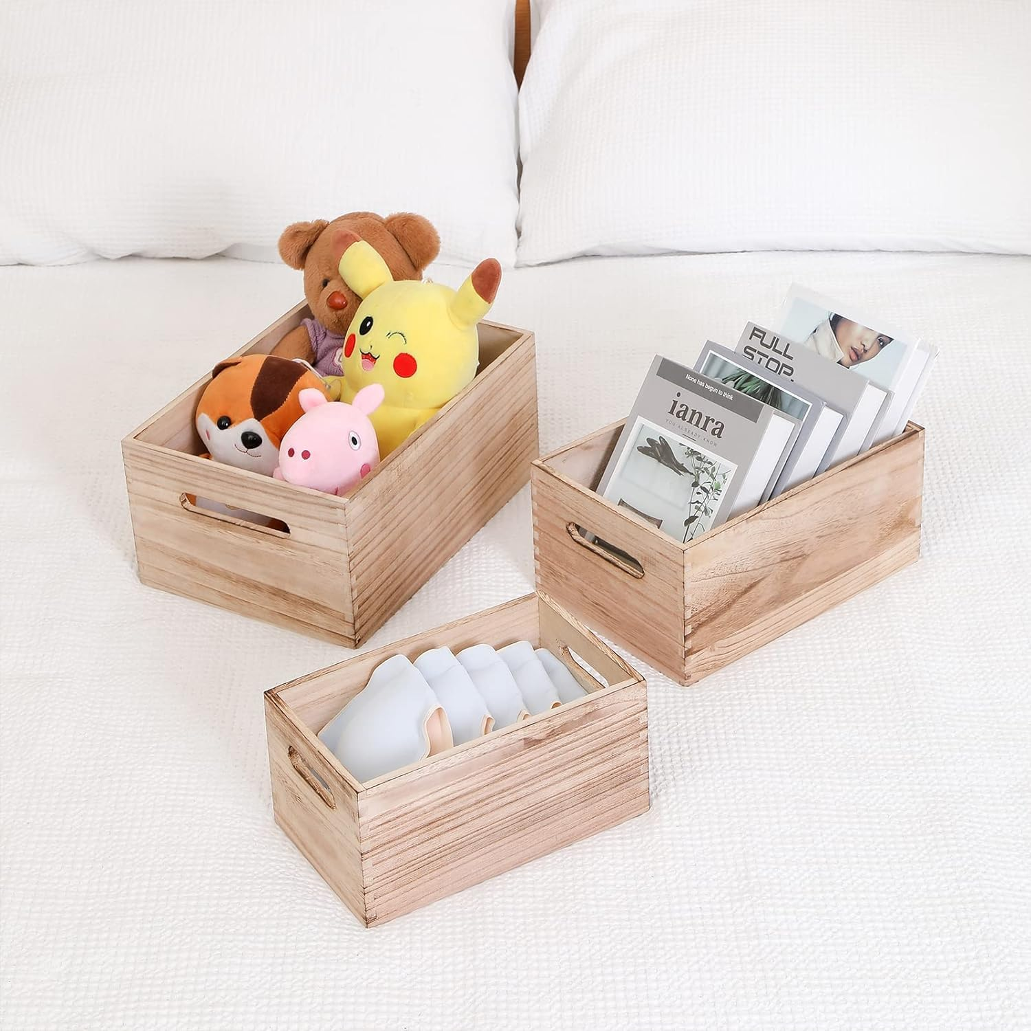 71RT+AKyydL._SL1500_ KRAYOG Set of 3 Solid Wood Nesting Storage Crates with Handles – Handcrafted Farmhouse Decorative Wooden Containers, Natural Finish - Image 1