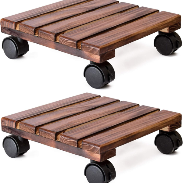 KRAYOG 12-Inch Heavy Duty Square Roller Plant Caddy – Sheesham Wood Flower Pot Stand with Lockable Wheels for Indoor & Outdoor Use, Wooden Plant Dolly (Set of 2, Brown)