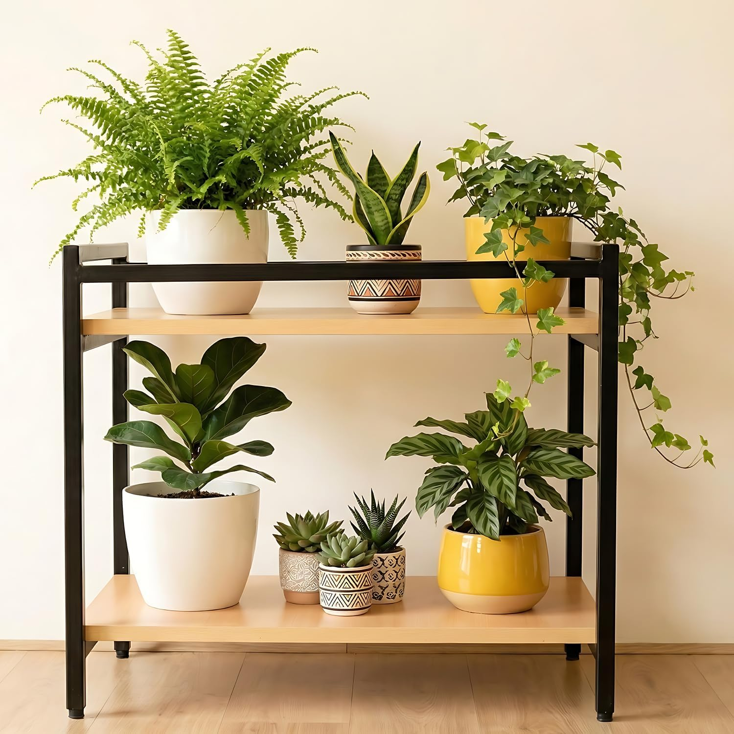 71TPEKooNKL._SL1500_ KRAYOG 2-Tier Wooden Plant Stand with Rectangular Base | Multi Flower Pot Holder | Indoor Plant Display Rack for Home, Balcony & Garden | Pack of 1 - Image 1