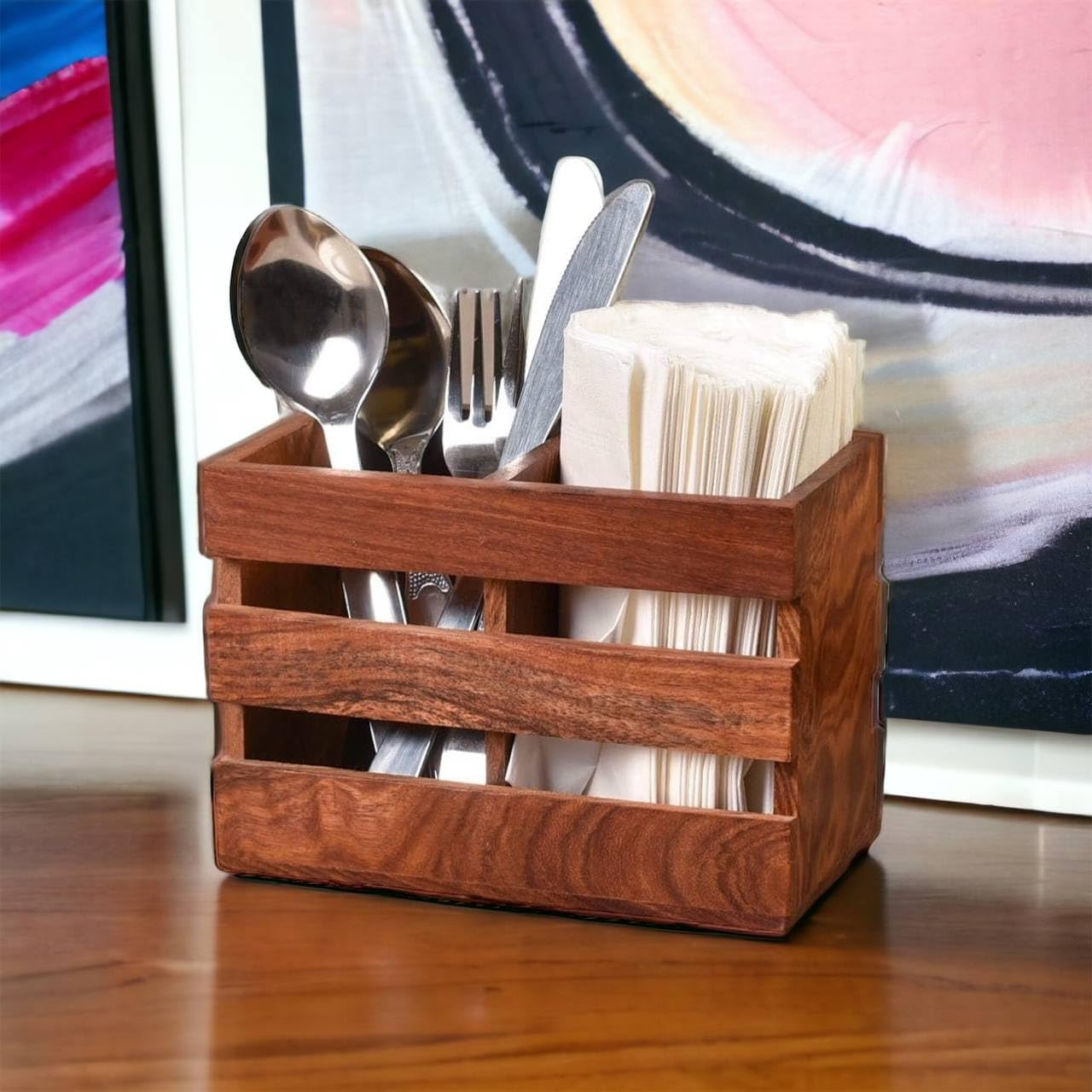 71U8Ar1cOCL._SL1280_ krayog Wooden Cutlery Holder for Kitchen, Dining Table & Restaurant | Multipurpose Countertop Storage Caddy | Spoon, Fork, Knife & Napkin Organizer (2 Compartments) - Image 1