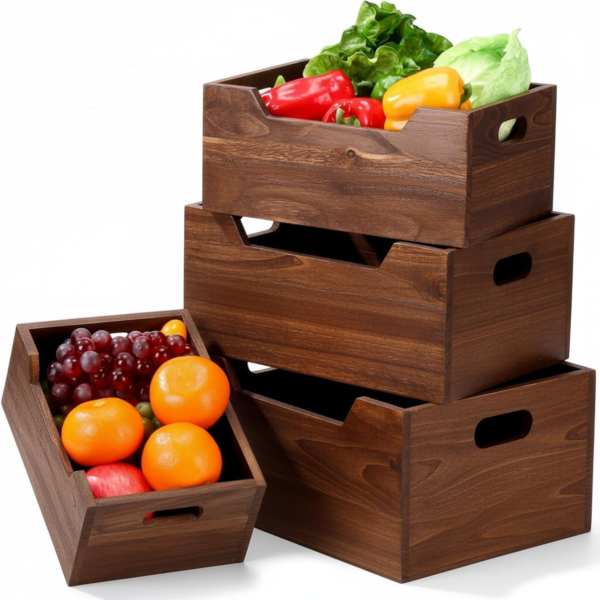 KRAYOG Set of 4 Wooden Nesting Storage Crates – Farmhouse Decorative Wood Storage Boxes, Vintage-Style Display Baskets