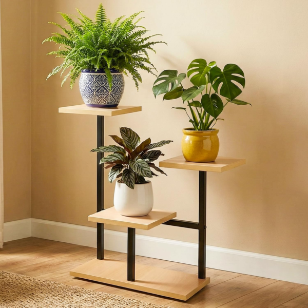 KRAYOG 3-Tier Wooden Plant Stand with Square Base | Multi-Pot Holder for Indoor Corners | Wood Display Rack for Living Room, Balcony & Garden (Pack of 1)