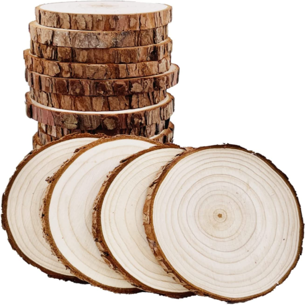 KRAYOG 4-Inch Wood Slices with Bark – Set of 8 Rustic Wooden Coasters for DIY Crafts, Christmas Décor & Wedding Decorations