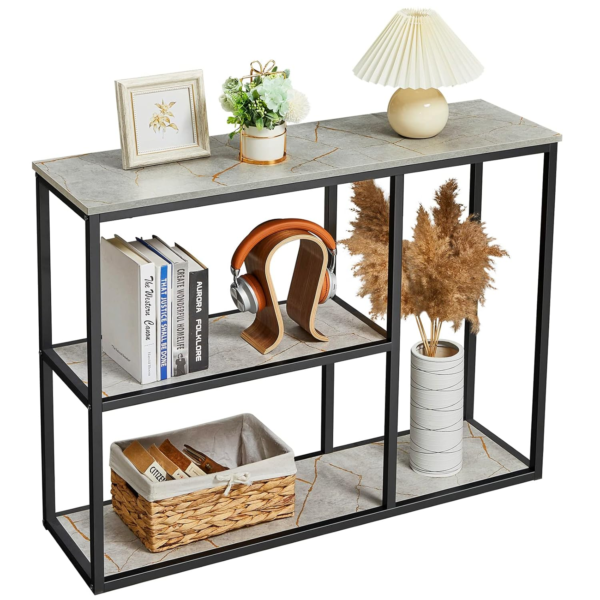KRAYOG **Console Table – 12-Inch Narrow Sofa Table with 3-Tier Storage Shelves | 31.5-Inch Industrial Entryway Table for Living Room, Corridor & Hallway | Grey Marble Finish**
