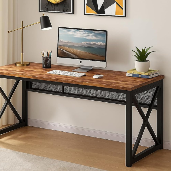 KRAYOG Solid Wood Computer Table for Home & Office | PC Desk for Work & Student Study | 120 x 60 x 75 cm | Solid Wood Top with CRC Powder-Coated Metal Frame | DIY Assembly Required