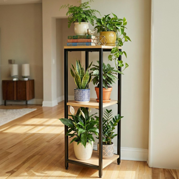 KRAYOG 3-Tier Wooden Plant Stand with Rectangular Base | Multi Flower Pot Holder for Indoor Corners | Wood Display Rack for Home, Balcony & Garden | Pack of 1