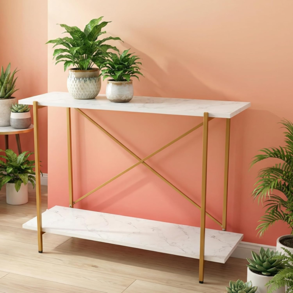 KRAYOG  2-Tier Metal Plant Stand for Indoor & Outdoor Use – Long Flower Pot Stand for Balcony & Living Room Décor (47" x 9" x 28", White & Gold)**