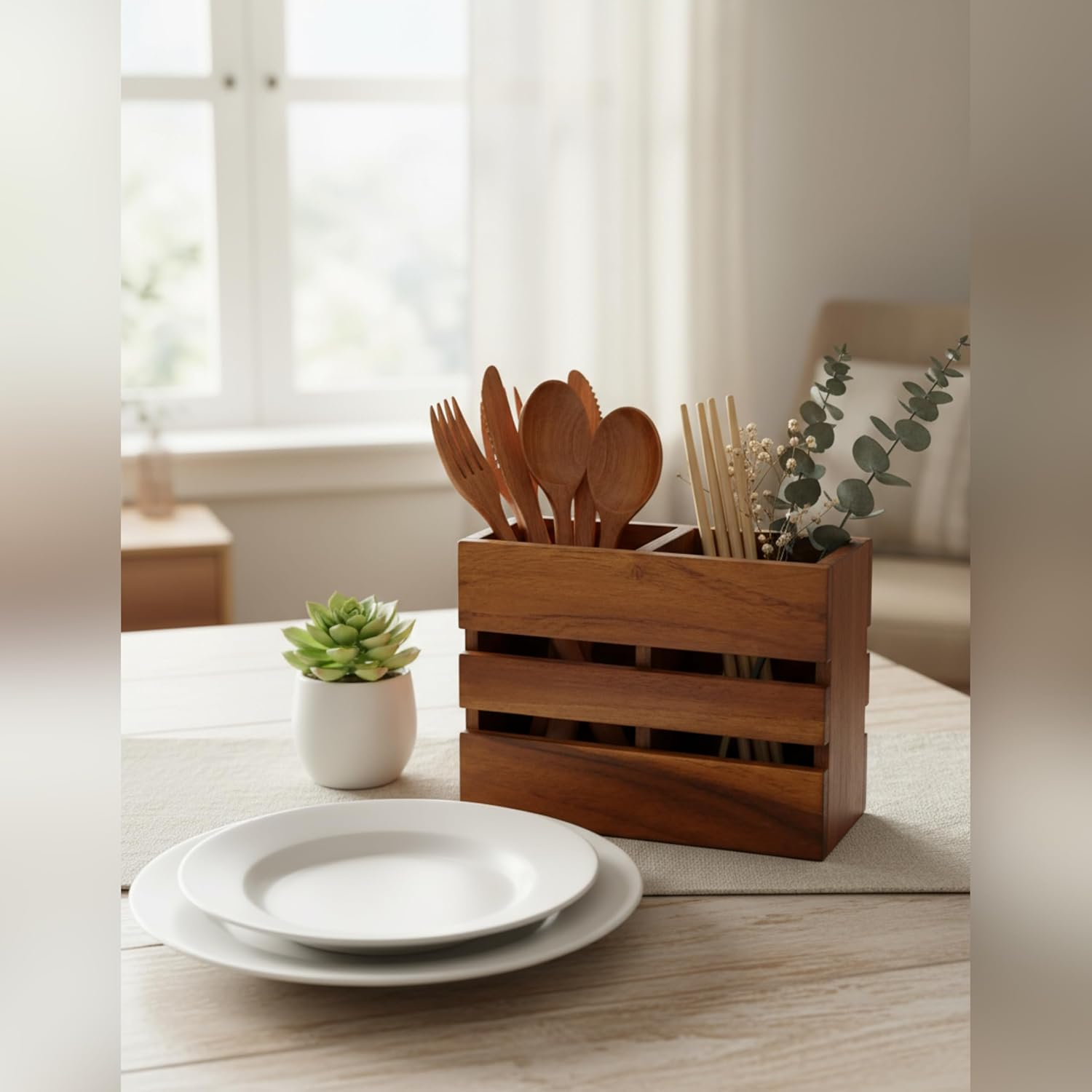 71qggihn9jL._SL1500_ KRAYOG Wooden Spoon, Fork & Napkin Holder for Dining Table & Kitchen | Countertop Cutlery Organizer | 2-Section Wooden Storage Caddy for Home & Office Use - Image 1