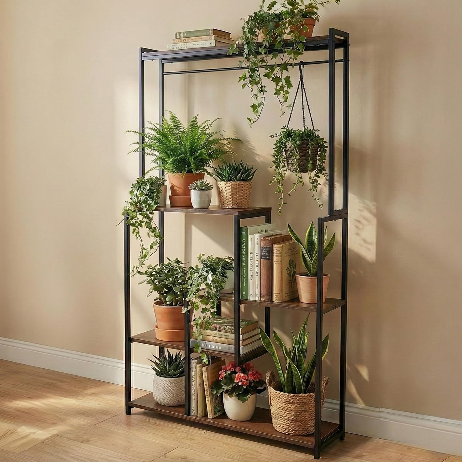 71r0xK9J9OL._SL1500_ KRAYOG 4-Tier Wooden Plant Stand with Rectangular Base | Indoor Multi Flower Pot Holder | Wood Display Rack for Home, Balcony & Garden | Pack of 1 - Image 1