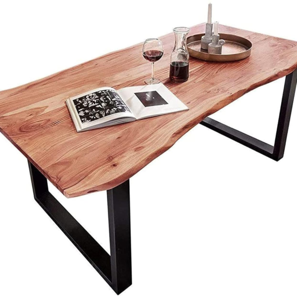 KRAYOG Edge Dining Table – 180 cm | Solid Wood 6-Seater | Iron Frame with Acacia Wood Top | Honey & Black Matte Finish