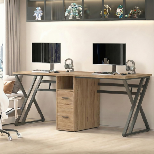 KRAYOG Two-Person Desk – 240×60×75 cm, Brown Wood, DIY Computer Workstation with 2 Drawers and 1 Shelf, Ideal for Home or Office