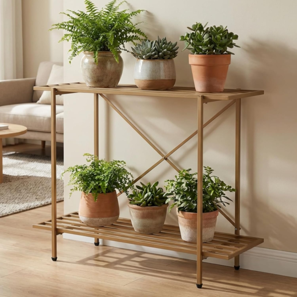 KRAYOG 2-Tier Metal Plant Stand– Large Indoor & Outdoor Flower Pot Stand for Balcony & Living Room | Elegant Home Décor Planter Stand (Gold Finish)**