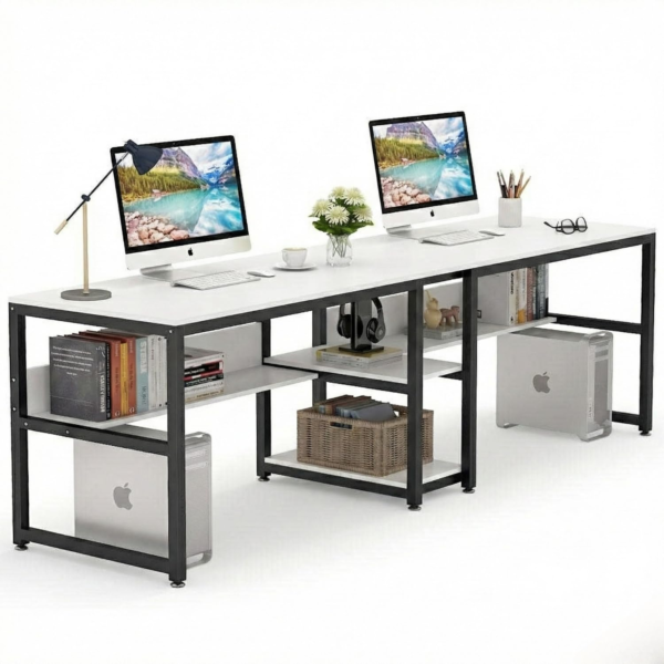KRAYOG Doris Two-Person Desk – 240 cm, White Wood & Metal, DIY Computer Table with Bookshelf Storage, Ideal for Home or Office