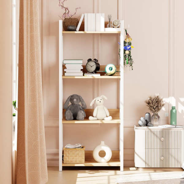 KRAYOG 4-Tier Multipurpose Storage Rack – Heavy Duty Metal & Wood Kitchen Organizer | Space-Saving Microwave Oven Stand for Modular Kitchen, Living Room, Bedroom & Office (MKR-004 / White & Oak Light)