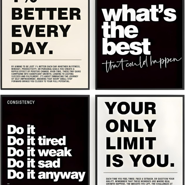 KRAYOG Inspirational & Motivational Wall Art – Set of 4 Positive Quote Prints | Modern Black & White Typography Success Mindset Artwork for Home, Office, Living Room, Bedroom, Study & Gym Décor (Unframed)