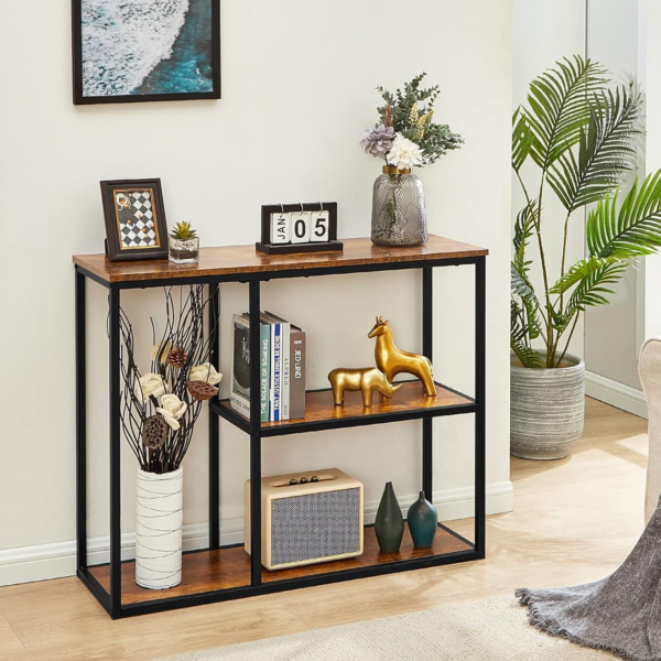 KRAYOG **Industrial Metal Console Table – 40 Inch Tall Narrow Sofa Table & TV Stand with 3-Tier Storage Shelves | Rustic Brown Entryway Table for Living Room, Corridor & Hallway**
