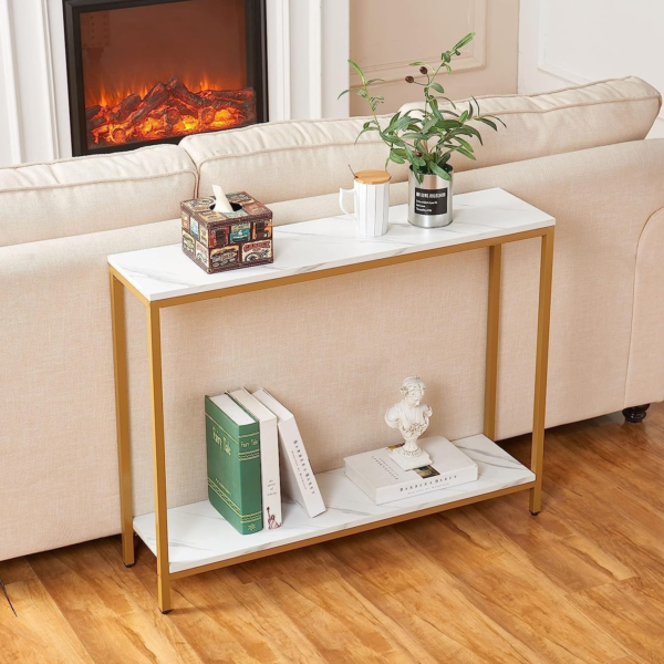 KRAYOG **Iron Frame Entryway Console Table with Storage – Premium 2-Tier Sofa Table, Slim End & Accent Display for Entryway, Living Room & Hallway (Golden & White Finish)**