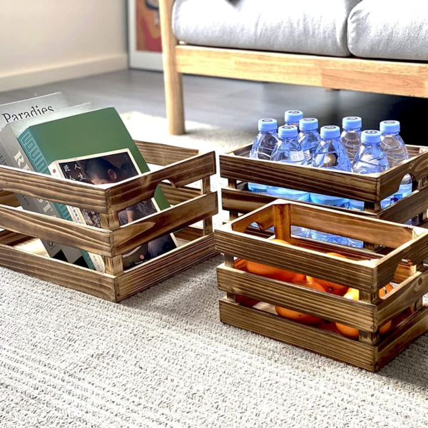 KRAYOG Set of 3 Rustic Brown Wooden Nesting Storage Crates with Handles – Handcrafted Solid Wood Farmhouse Decorative Storage Container