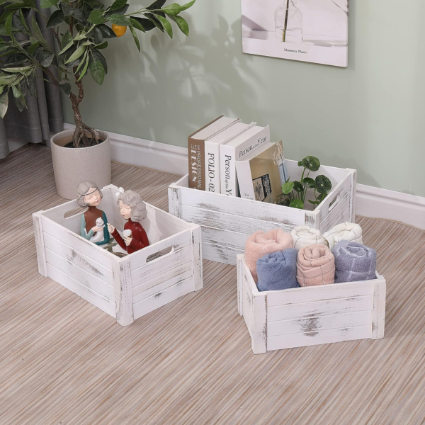KRAYOG Set of 3 Extra Large Rustic White Wooden Storage Crates – Farmhouse Decorative Nesting Boxes for Home Décor