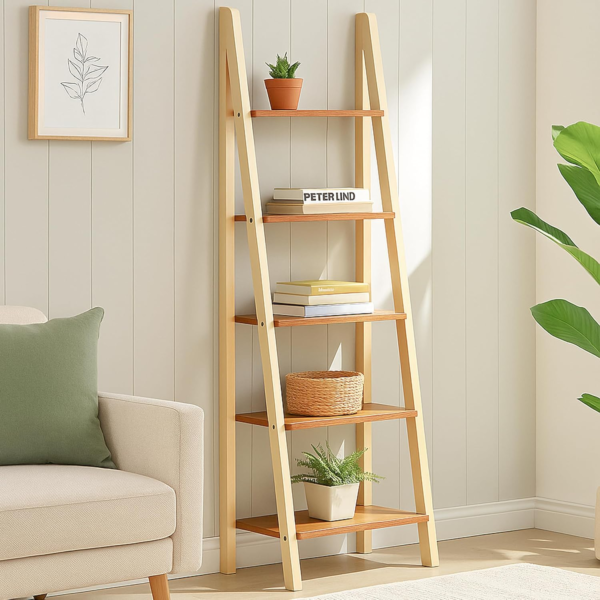 KRAYOG 5-Tier Teak Wood Bookcase with White Gloss Shelves – Modern Freestanding Storage & Display Rack for Home or Office, DIY Assembly, Open Shelving for Living Room & Study