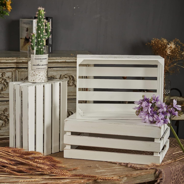 KRAYOG Rustic White Solid Wood Display Crates – Set of 3 Nesting Farmhouse Storage Boxes with Built-In Handles