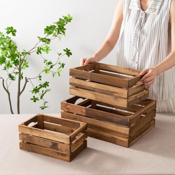 KRAYOG Set of 3 Rustic Nesting Wooden Crates with Cutout Handles – Farmhouse Decorative Wood Storage Boxes for Display and Organization