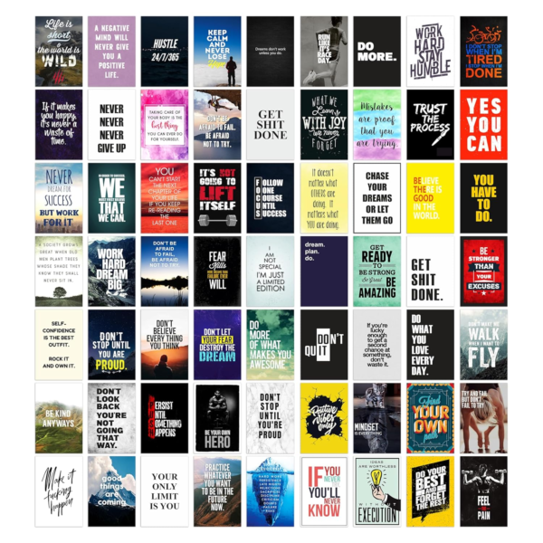 KRAYOG Motivational Wall Art Collage Kit – Pack of 63 (4x6 Inches) Inspirational Quote Posters | Decorative Wall Art for Office, Bedroom & Living Room | Premium Paper Prints