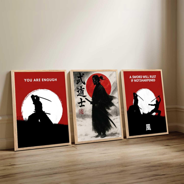 KRAYOG Japanese Samurai Framed Wall Art Set – Japan-Themed Samurai Character Posters for Living Room, Bedroom, Gaming Room or Studio (Set of 3, 13x17 Inch)